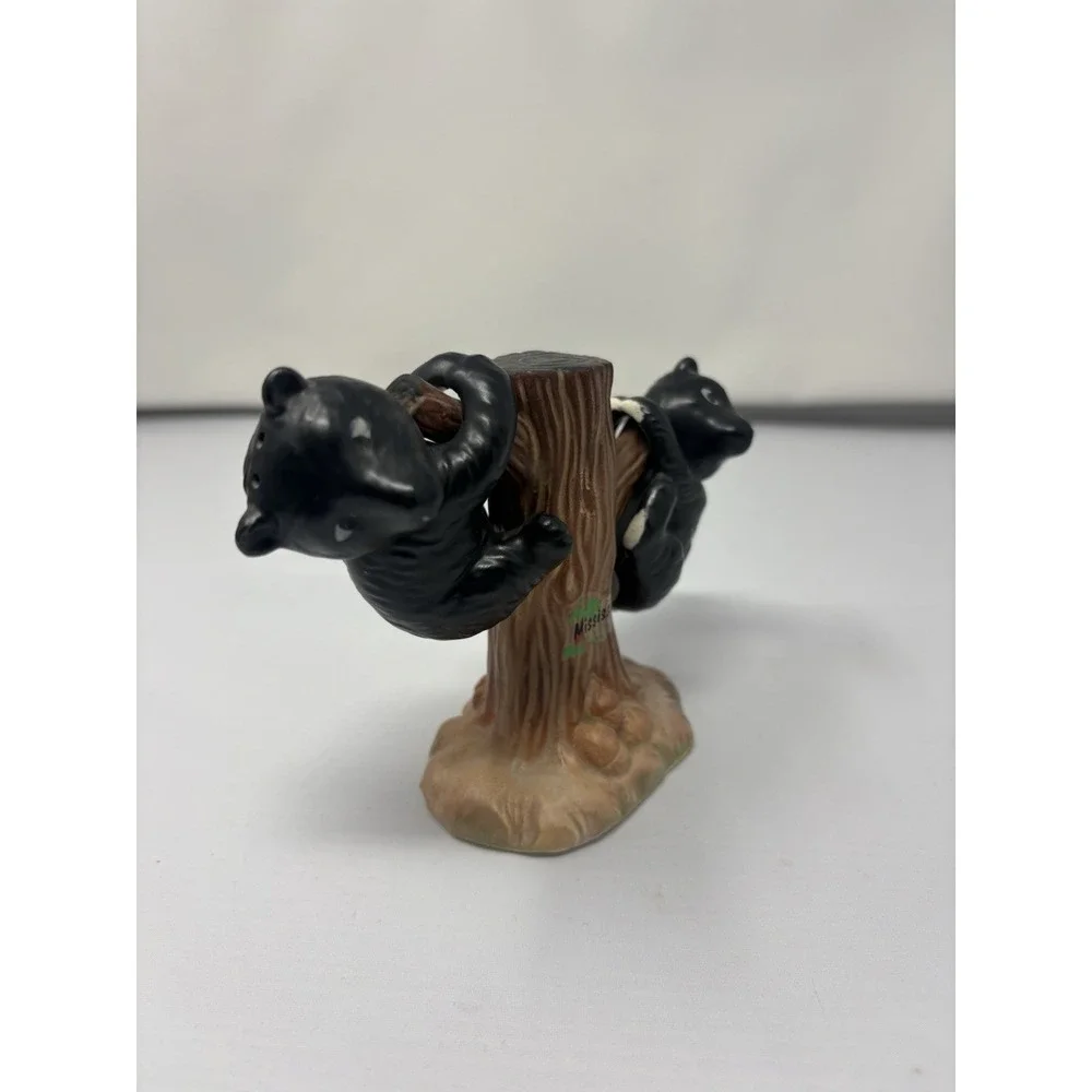 Vintage Japan Ceramic Black White Bear Cubs Hanging Tree Salt Pepper Shakers MCM